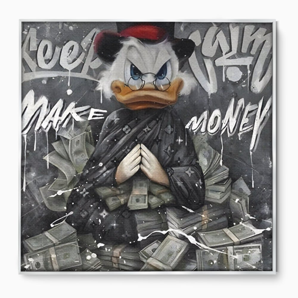 Tablou canvas cu tablou canvas cu scrooge mcduck si teancuri de bani, in rama de aluminiu argintiu